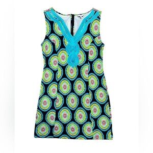 CROWN & IVY colorful medallion print midi zip dress aqua green navy size SMALL